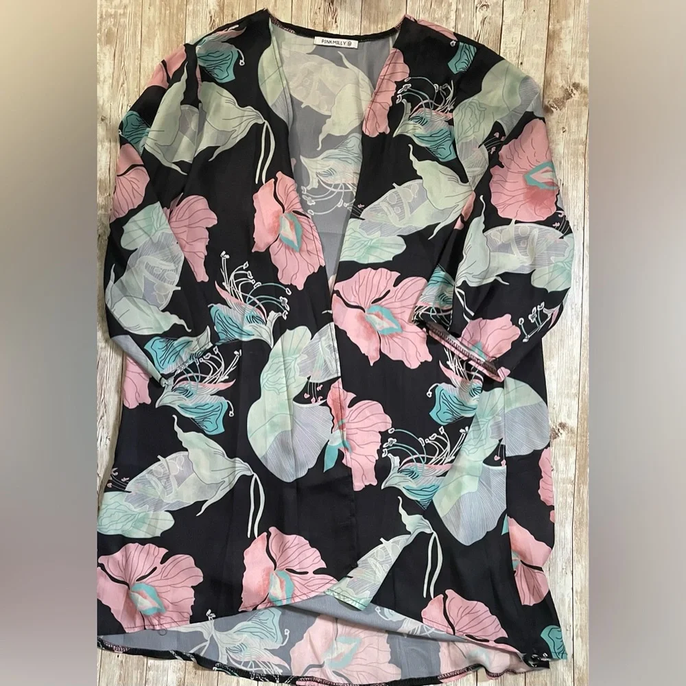 Women's 3/4 Sleeve Floral Kimono Cardigan Sheer Loose Fit Shawl Chiffon Cover-Up - Picture 5 of 12